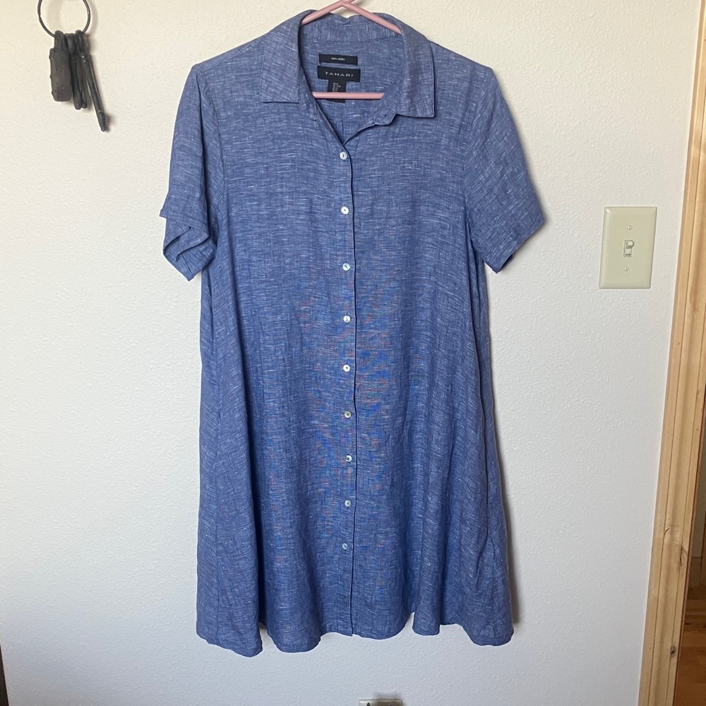 Tahari Blue Textured Linen Shirt Dress